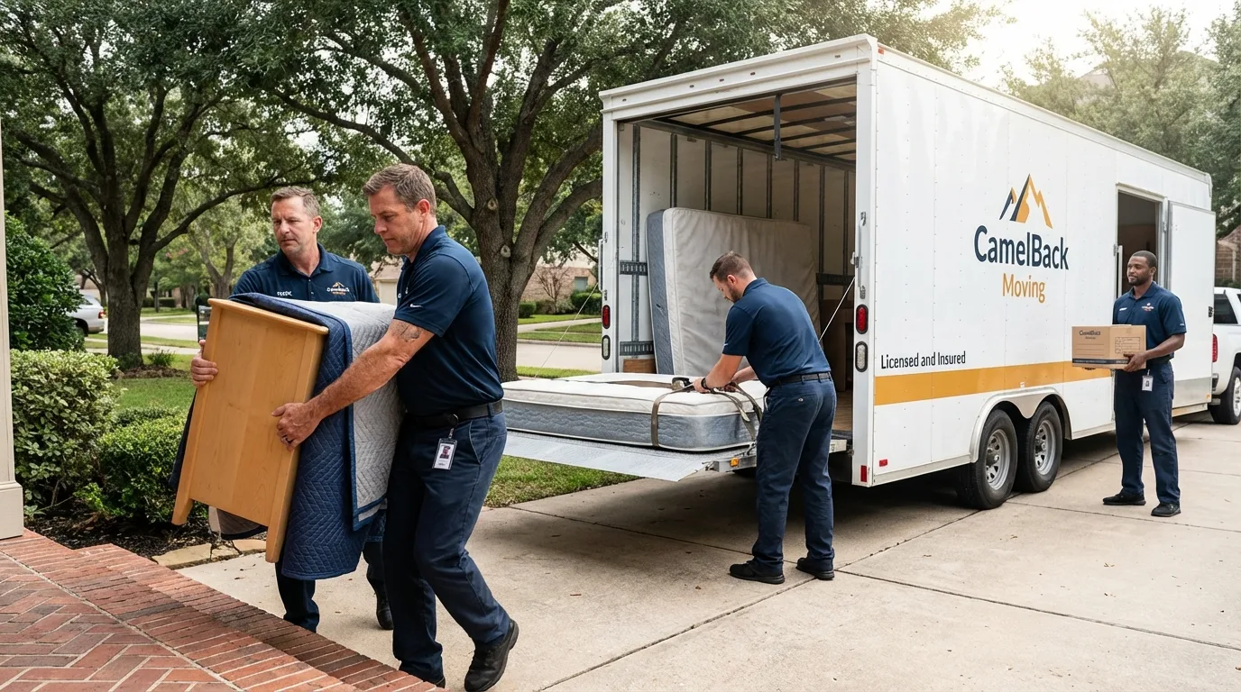 Crew loading residential truck for cross-state move from Eldorado, TX
