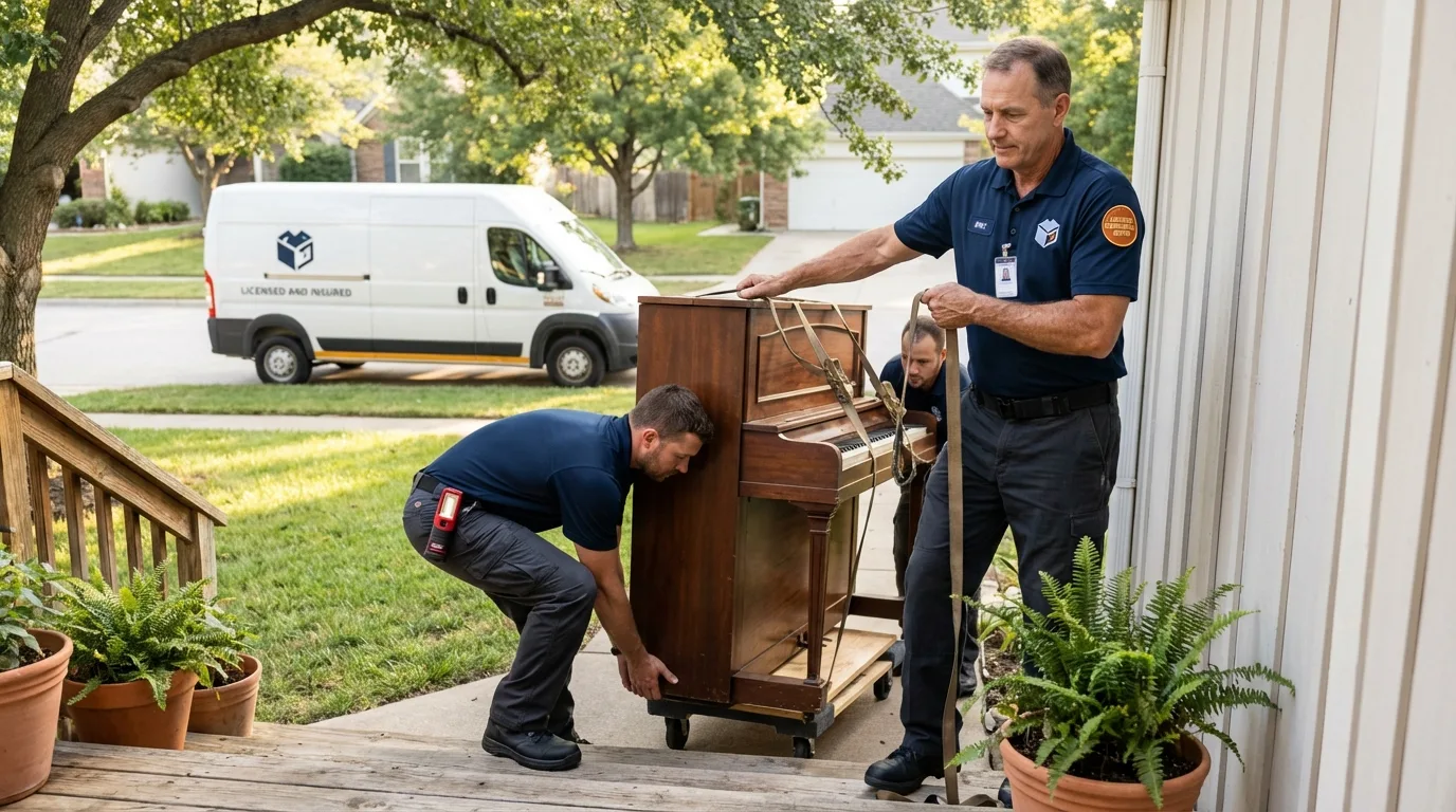 Licensed piano movers securing grand piano in Eldorado, TX