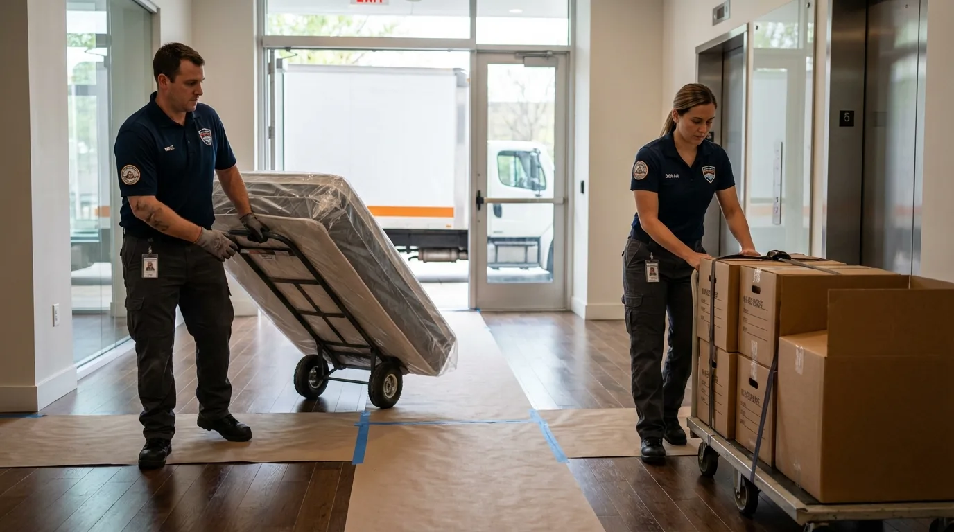 Professional apartment movers loading elevator in Eldorado, TX